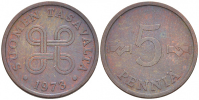 ФИНЛЯНДИЯ 5 ПЕННИ 1973 KM 45 медь 3718-121