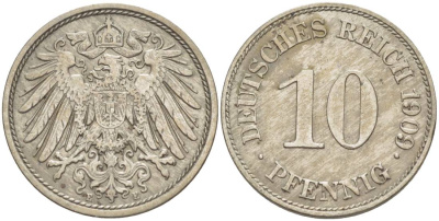 Германия 10 пфеннигов 1909 E KM 12, Jager 13, Weege 8 медно-никель 219-151