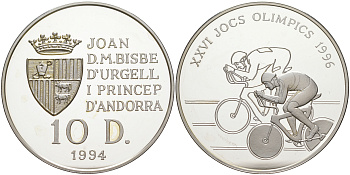 Андорра 10 динеров 1994 XXVI Олимпийские игры 1996 года велоспорт KM 95 серебро PROOF 1074-3-43