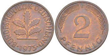 ФРГ 2 ПФЕННИГА 1973 F KM 106а, J. 381а сталь плакированная сталь плакированная медьюю 4181-769