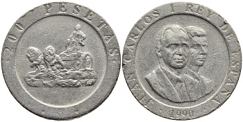 ИСПАНИЯ 200 ПЕСЕТ 1990 КОРОЛЬ И НАСЛЕДНЫЙ ПРИНЦ, ПОВОЗКА ЗАПРЯЖЕННАЯ ЛЬВАМИ, ХУАН КАРЛОС I (1975-) KM 855 медно-никель 4397-555