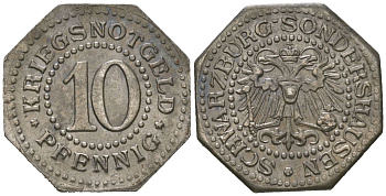 Шварцбург-Зондерсгаузен 10 пфеннингов 1918 Funck 489.1, Men05 23049.1, Men18 28863.1 железо aUNC 4169-1135