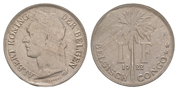 Бельгийское Конго 1 франк 1922 Надпись на голландском - 'ALBERT KONING DER BELGEN' KM 21 медно-никель 4653-921