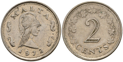 Мальта 2 цента 1972 Пентесилея, царица амазонок KM 9 медь цинк 4154-662