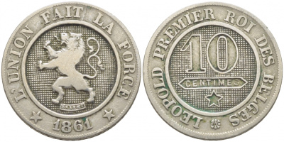 БЕЛЬГИЯ 10 САНТИМОВ 1861 BELGES KM 22 медно-никель 3856-416