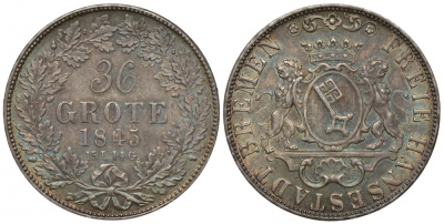 Бремен 36 гротенов 1845 15L. 14G. патина КМ 233, Jaeger 21, AKS 1, Kahnt 160 серебро 00-822-49