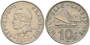 Французская Новая Каледония 10 франков 2007 рыбачья парусная лодка, (IEOM) KM 11a, Schoen 13a, Lec 99k медно-никель 57-226