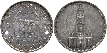 ГЕРМАНИЯ 5 РЕЙХСМАРОК 1935 F, КИРХА KM 83, J. 357 серебро 1515-1623