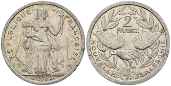 Французская Новая Каледония 2 франка 1990 птица кагу, (IEOM) KM 14, Schoen 11, Lec 66 алюминий    24-1227