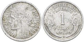 ФРАНЦИЯ 1 ФРАНК 1948 В, ТИП MORLON, LEGERE KM 885a.1, LE FRANC 221.14 алюминий 175-451