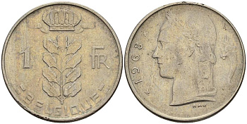 БЕЛЬГИЯ 1 ФРАНК 1968 BELGIQUE KM 142.1 медно-никель 4546-455