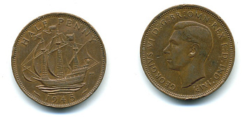 Великобритания 1/2 пенни 1945 Георг VI (1936-1952) KM 844, Spink 4115 бронза 540-442