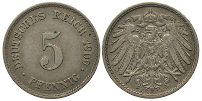 ГЕРМАНИЯ 5 ПФЕННИГОВ 1909 E, KM 11, J. 12 медно-никель 413-6211