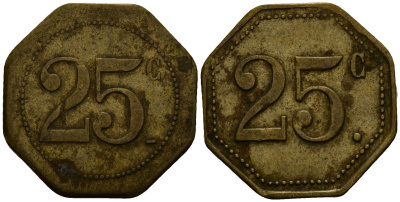 Франция 25 сантимов XIX-XX век ресторанный жетон латунь 4166-453