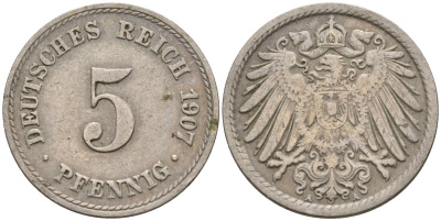Германия 5 пфеннигов 1907 A KM 11, J. 12 медно-никель 4151-461