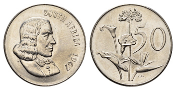 ЮАР 50 центов 1967 редкий год, Ян ван Рибек (1619-1677), South Africa, легенда на английском, Зантедеския Эллиота (калла) KM 70.1 никель BU 4693-414