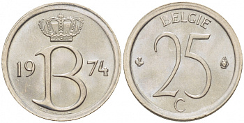 БЕЛЬГИЯ 25 САНТИМОВ 1974 BELGIE KM 154.1 медно-никель UNC 3996-1134