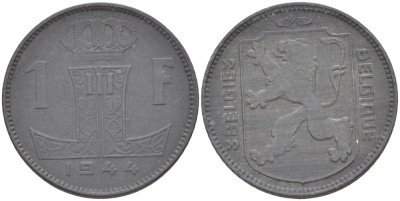БЕЛЬГИЯ 1 ФРАНК 1944 BELGIQUE-BELGIE KM 127 цинк 4546-233