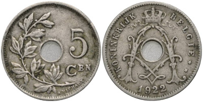 БЕЛЬГИЯ 5 САНТИМОВ 1922 BELGIE, АЛЬБЕРТ I (1909-1934) KM 67 медно-никель 4548-1256