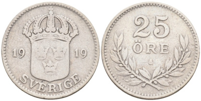 Швеция 25 эре 1919 W, Густав V (1907-1950) KM 785 серебро 4380-145
