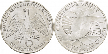 ФРГ 10 марок 1972 D, XX летние Олимпийские игры 1972 года в Мюнхене, символика KM 131, J.402 серебро UNC 4127-111