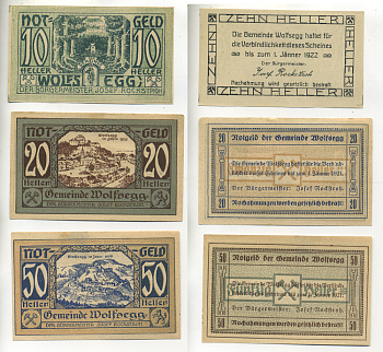 Австрия набор из 3 банкнот 1920 до 1 января 1921, нотгельд, 10, 20, 50 геллеров, WOLFSEGG   бумага  XF 7555-7-2-1