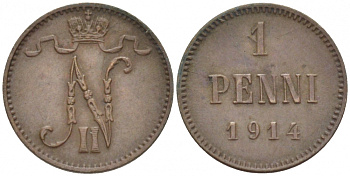 Россия для Финляндии 1 пенни 1914 Николай II (1894-1917) KM 13, Биткин 474 медь 4396-1425