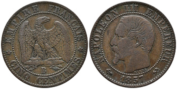 ФРАНЦИЯ 5 САНТИМОВ 1857 В, НАПОЛЕОН III (1852-1870) KM 777.2, LE FRANC 116.38 бронза 34-1212