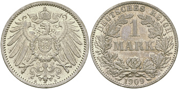 Германия 1 марка 1909 A Weege 18, J. 17, KM 14 серебро aUNC 65-225