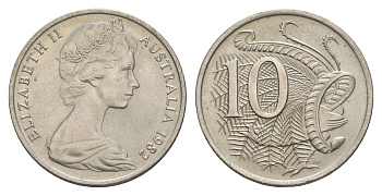 Австралия 10 центов 1982 Елизавета II (1952-2022), птица лирахвост KM 65 медно-никель UNC 4657-151
