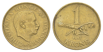 Дания 1 крона 1947 N, Кристиан X (1912-1947) KM 835 алюминиевая бронза 4654-741
