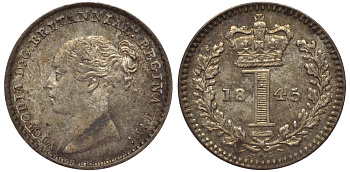 Великобритания 1 пенни 1845 Виктория (1837-1901) KM 727, Spink 3920 серебро PROOFLIKE 1523-1341