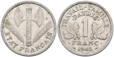 Франция 1 франк 1943 правительство Виши, тип Legere KM 902.1, Le Franc 223.3 алюминий 4116-1223