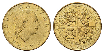 Италия 200 лир 1993 70 лет военной авиации KM 155 алюминиевая бронза UNC 4119-614