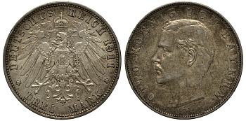 Бавария 3 марки 1911 Отто (1886-1913) Weege 45, J. 47, KM 515 серебро 3711-2033