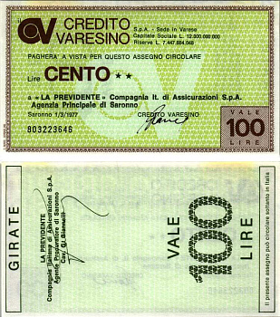 Италия чек на 100 лир 1977 1 марта 1977, credito varesino бумага UNC (пресс) 7204-71-3-2