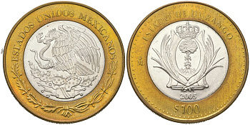 Мексика 100 песо 2005 180 лет Федерации - Дуранго KM 714 биметалл, серебро BU 00-1067-8-52