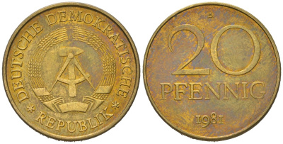 ГДР 20 пфеннигов 1981 A, редкий год, тираж 980.000 KM 11 латунь 4573-651