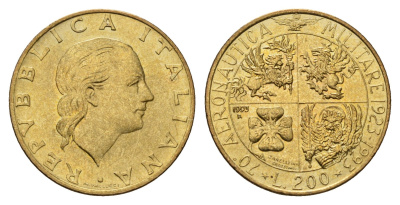 Италия 200 лир 1993 70 лет военной авиации KM 155 алюминиевая бронза UNC 4119-614