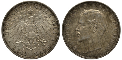 Бавария 3 марки 1911 Отто (1886-1913) Weege 45, J. 47, KM 515 серебро 3711-2033
