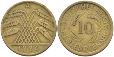 ГЕРМАНИЯ 10 РЕЙХСПФЕННИГОВ 1924 A KM 40, J. 317, Weege 9 алюминиевая бронза 3718-713