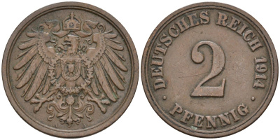 Германия 2 пфеннига 1914 А KM 16, J. 11 бронза 4594-369