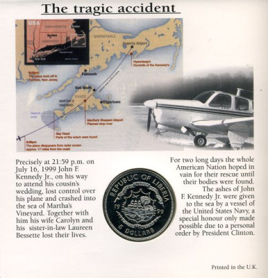 Либерия 5 долларов 1999 Джон Кеннеди (младший), буклет KM 593 медно-никель UNC 6-5-2-20