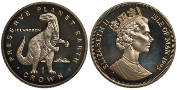 Остров Мэн 1 крона 1993 СЕРИЯ СОХРАНИМ ПЛАНЕТУ ЗЕМЛЯ, ДИНОЗАВР ИГУАНОДОН (IGUANODON) KM 357 медно-никель UNC 1078-4-64