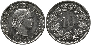 Швейцария 10 раппенов 1981 KM 27 медно-никель 33-254