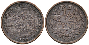 Нидерланды 1/2 цента 1928 Вильгельмина (1890-1948) KM 138 бронза 4576-449