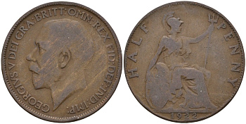 Великобритания 1/2 пенни 1922 Георг V (1910 - 1936) KM 809, Spink 4056 бронза 4146-143