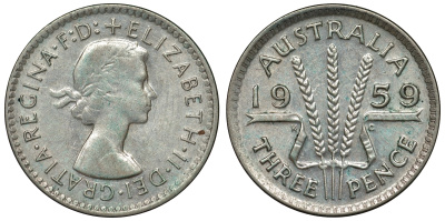 Австралия 3 пенса 1959 m, Елизавета II (1952-2022) KM 57 серебро 71-612