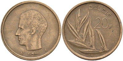 Бельгия 20 франков 1981 Belgie, Бодуэн I (1951-1993) KM 160 никель бронза 4126-232