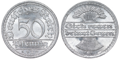 Германия 50 пфеннигов 1920 A KM 27, J. 301 алюминий aUNC 4163-626